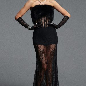 waza cinched waist bandeau sheer lace furry maxi dress 11 waza cinched waist bandeau sheer lace furry maxi dress 11