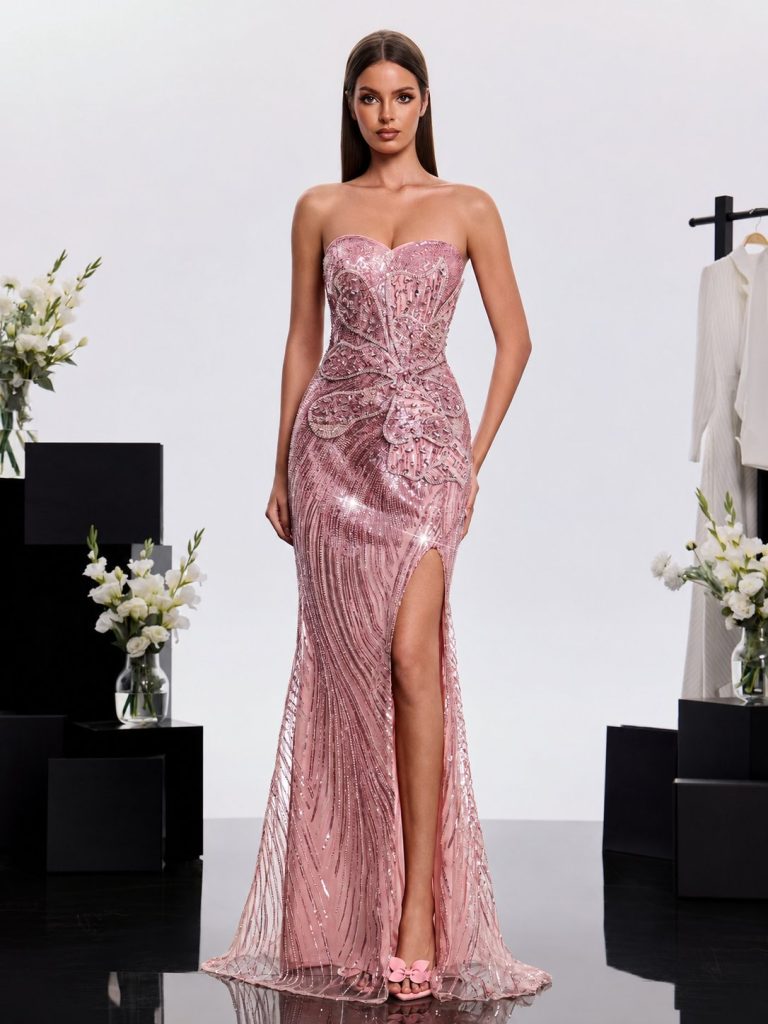 zovrek strapless sequin split maxi dress 11